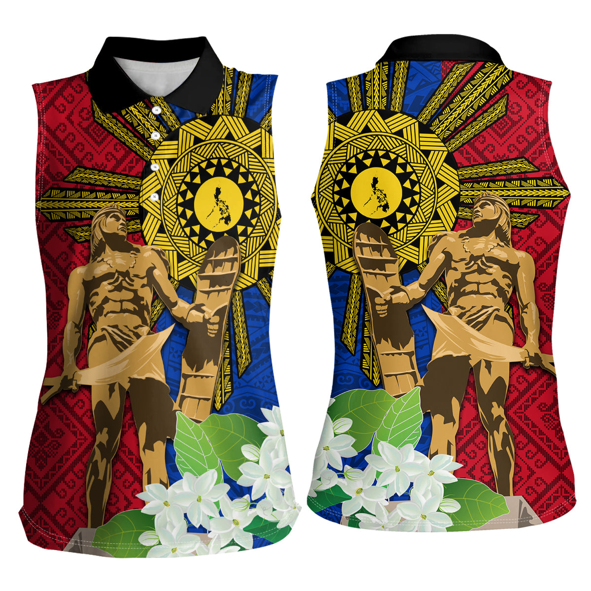 Philippines Lapu Lapu King Jasmine Flowers Women Sleeveless Polo Shirt Filipino Sun Tattoo - Wonder Print Shop