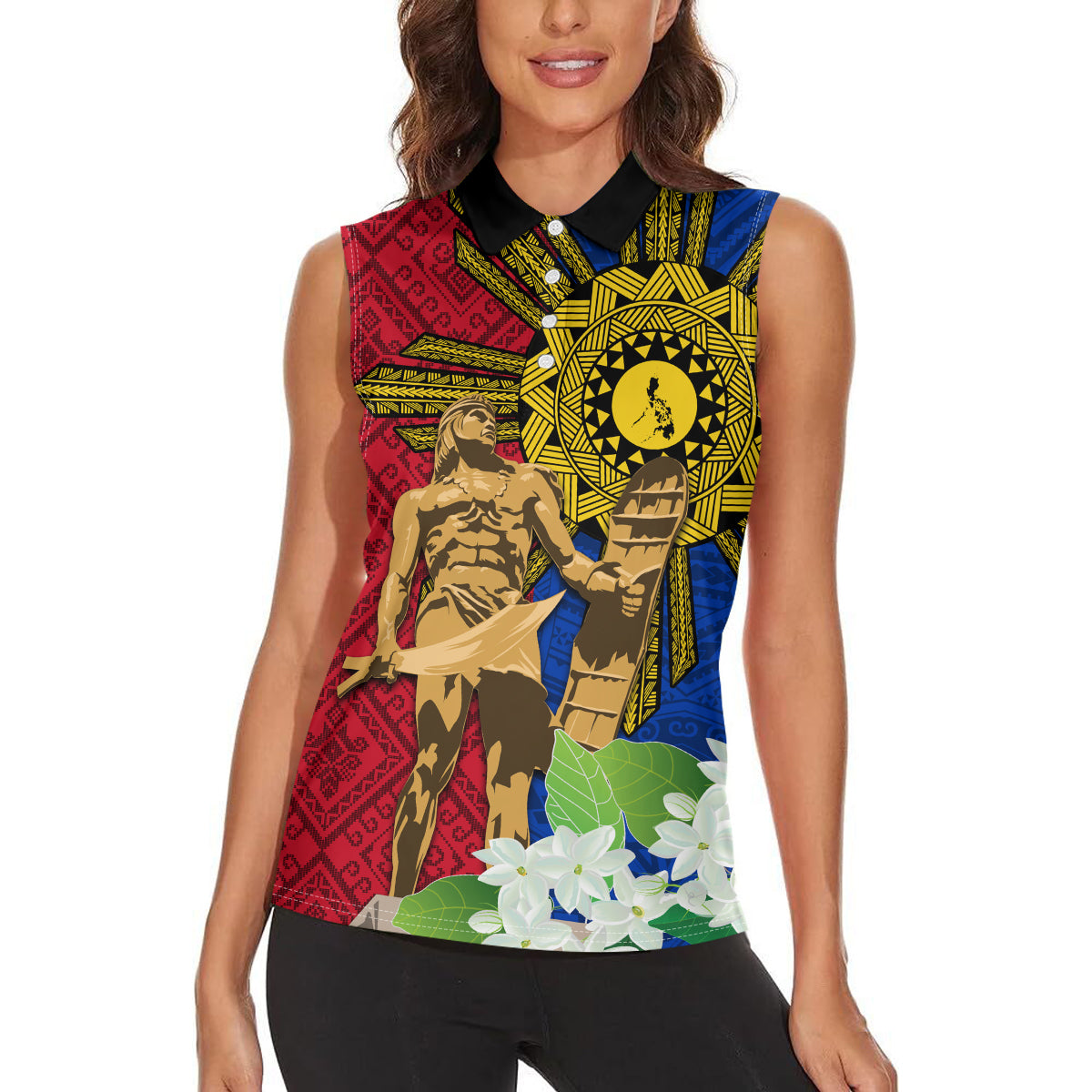 Philippines Lapu Lapu King Jasmine Flowers Women Sleeveless Polo Shirt Filipino Sun Tattoo - Wonder Print Shop