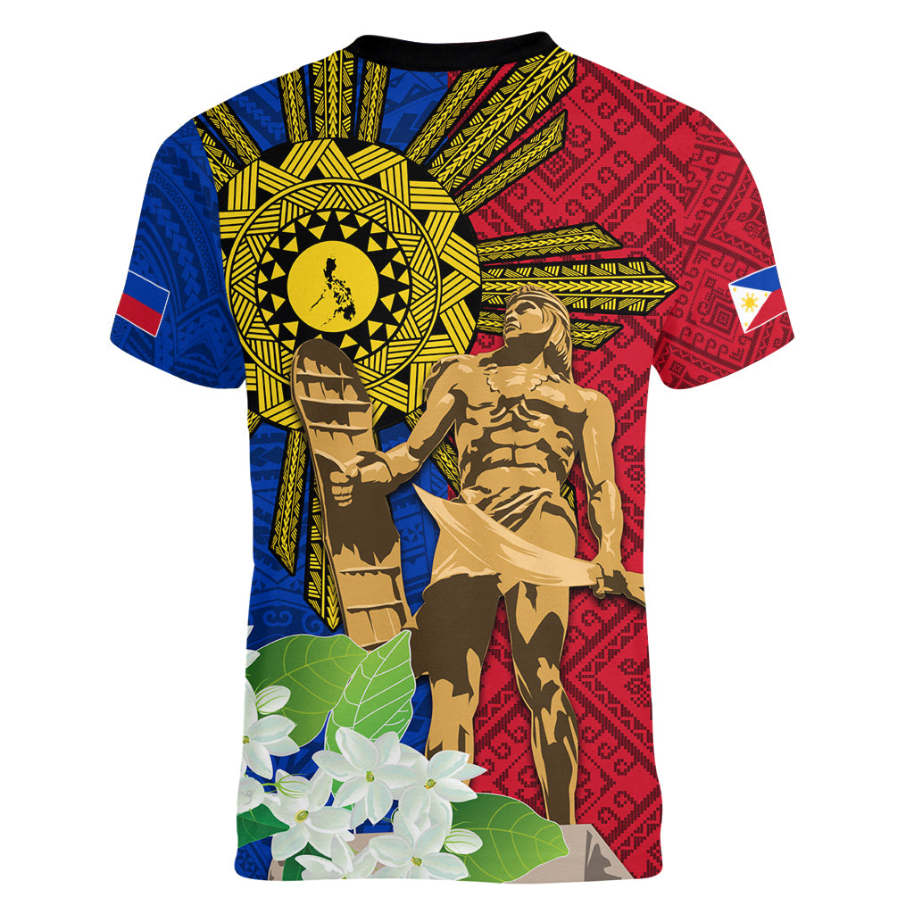 Philippines Lapu Lapu King Jasmine Flowers Women V-Neck T-Shirt Filipino Sun Tattoo - Wonder Print Shop
