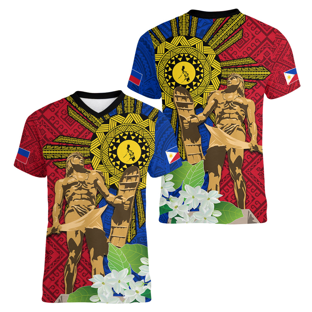 Philippines Lapu Lapu King Jasmine Flowers Women V-Neck T-Shirt Filipino Sun Tattoo - Wonder Print Shop