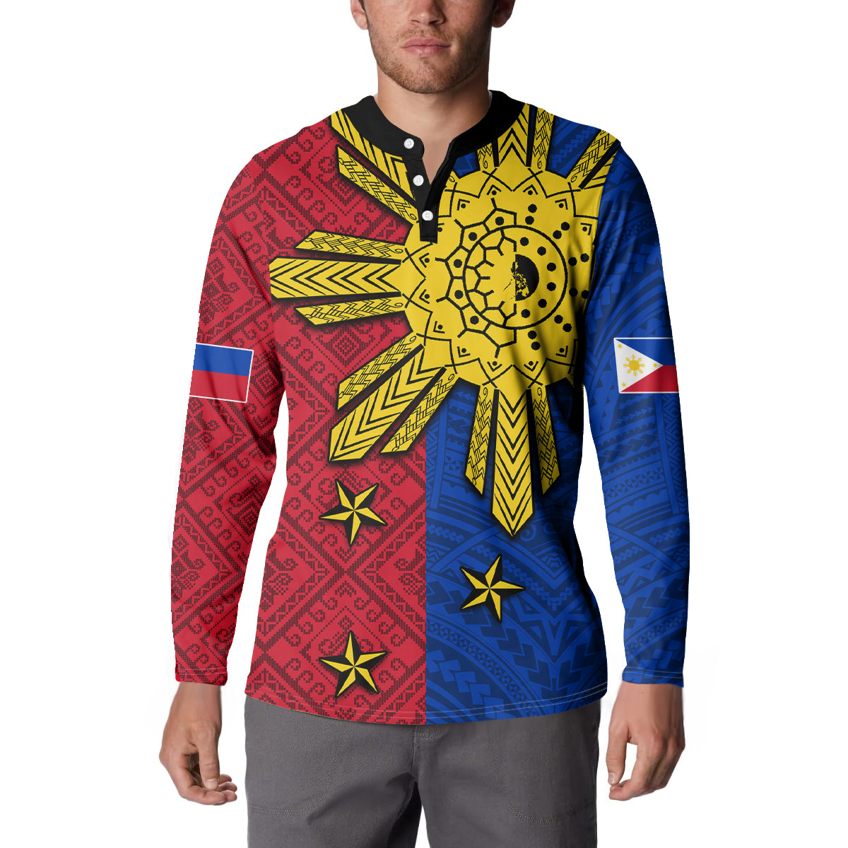 Philippines Sun Batok Tattoo Button Sweatshirt Polynesian and Yakan Pattern - Wonder Print Shop