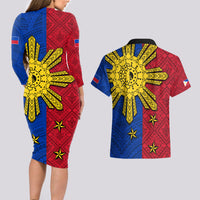 Philippines Sun Batok Tattoo Couples Matching Long Sleeve Bodycon Dress and Hawaiian Shirt Polynesian and Yakan Pattern - Wonder Print Shop
