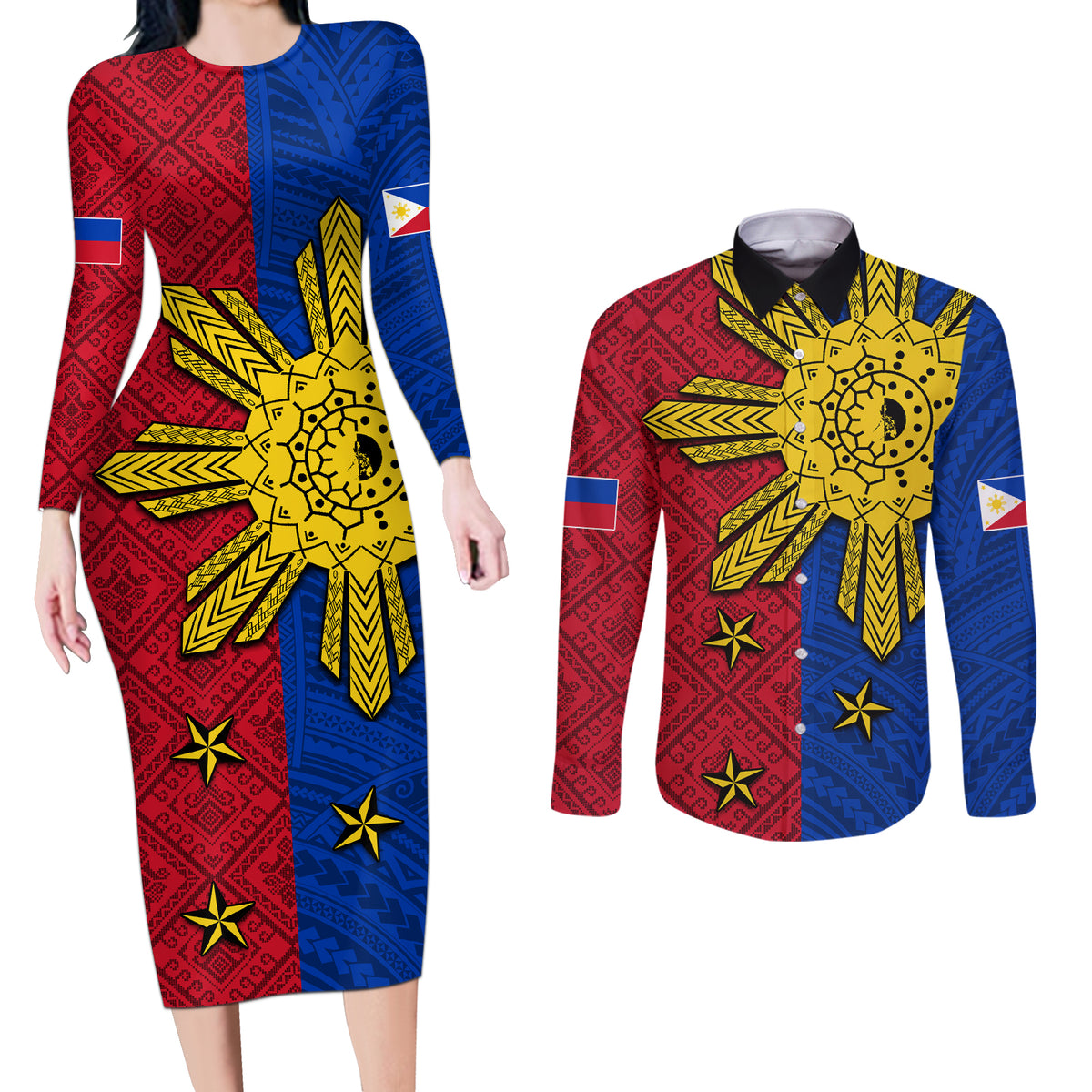 Philippines Sun Batok Tattoo Couples Matching Long Sleeve Bodycon Dress and Long Sleeve Button Shirt Polynesian and Yakan Pattern - Wonder Print Shop