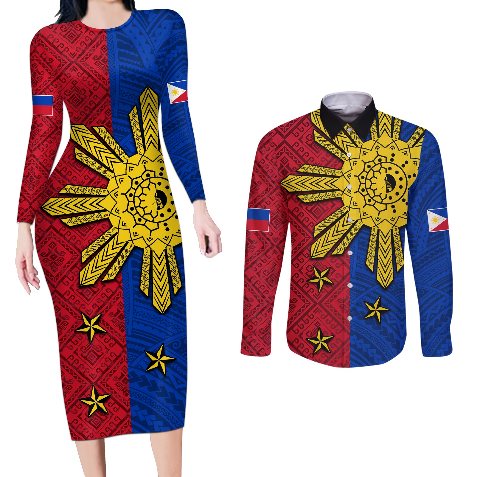 Philippines Sun Batok Tattoo Couples Matching Long Sleeve Bodycon Dress and Long Sleeve Button Shirt Polynesian and Yakan Pattern - Wonder Print Shop