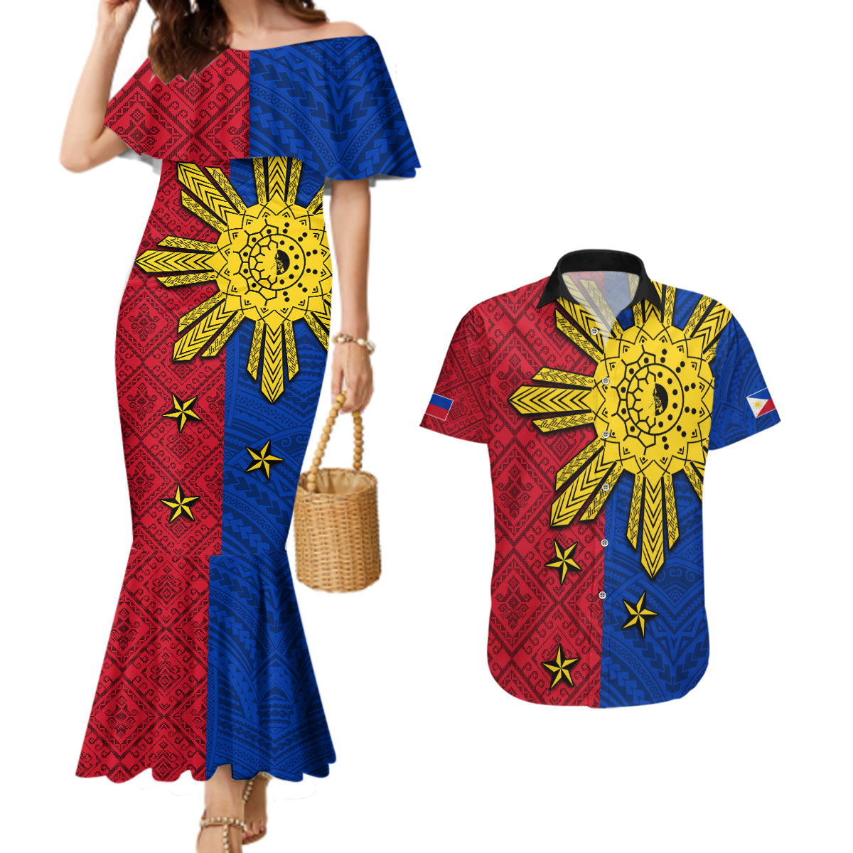 Philippines Sun Batok Tattoo Couples Matching Mermaid Dress and Hawaiian Shirt Polynesian and Yakan Pattern - Wonder Print Shop