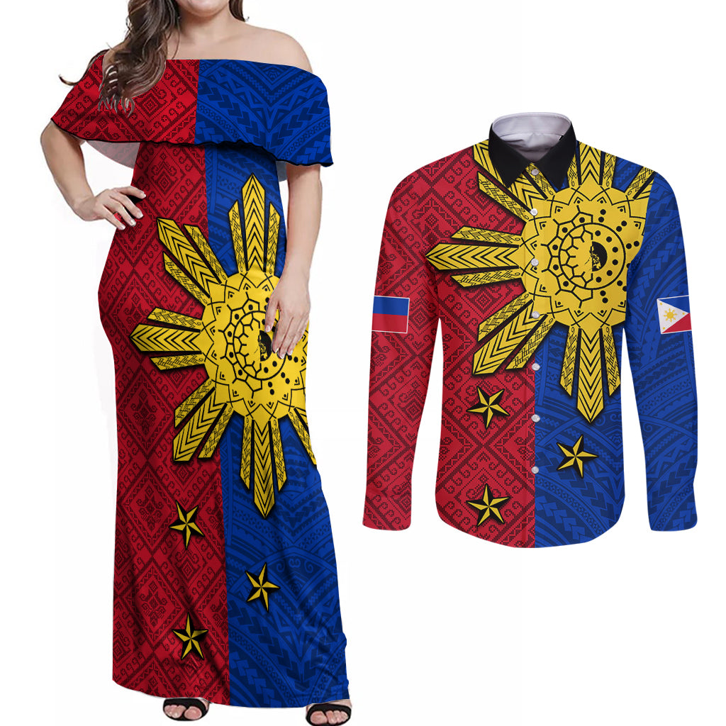 Philippines Sun Batok Tattoo Couples Matching Off Shoulder Maxi Dress and Long Sleeve Button Shirt Polynesian and Yakan Pattern - Wonder Print Shop
