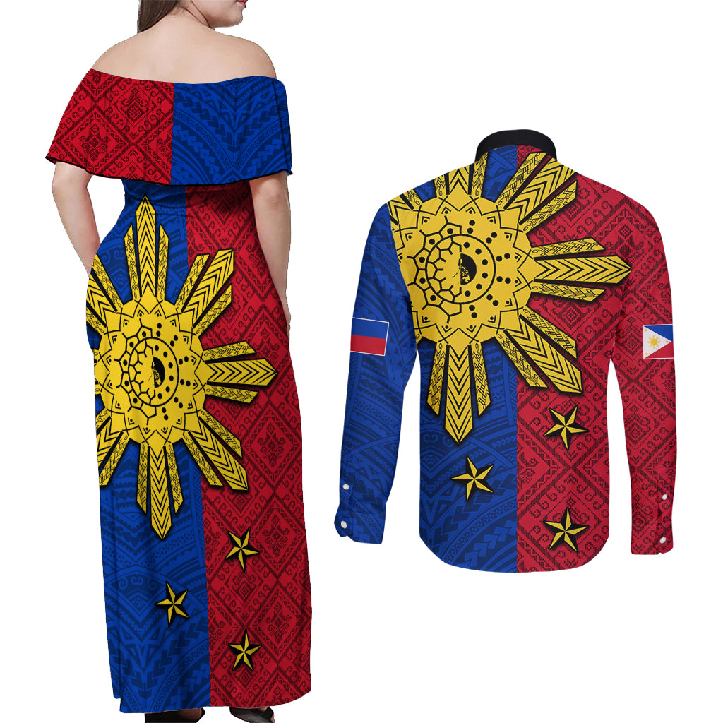 Philippines Sun Batok Tattoo Couples Matching Off Shoulder Maxi Dress and Long Sleeve Button Shirt Polynesian and Yakan Pattern - Wonder Print Shop