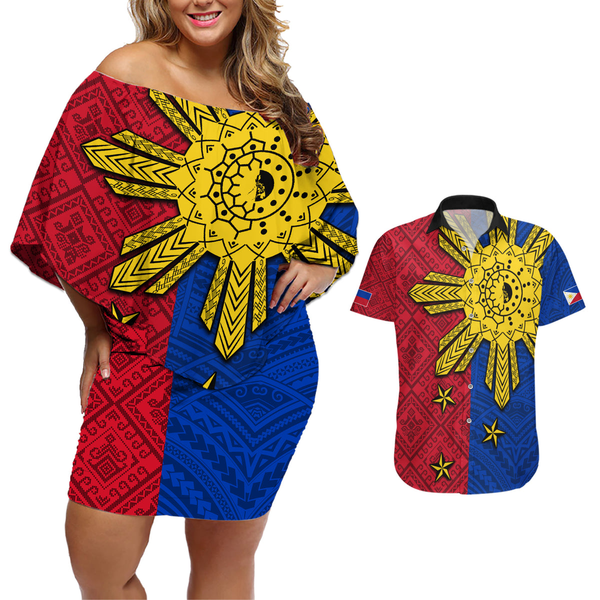 Philippines Sun Batok Tattoo Couples Matching Off Shoulder Short Dress and Hawaiian Shirt Polynesian and Yakan Pattern - Wonder Print Shop