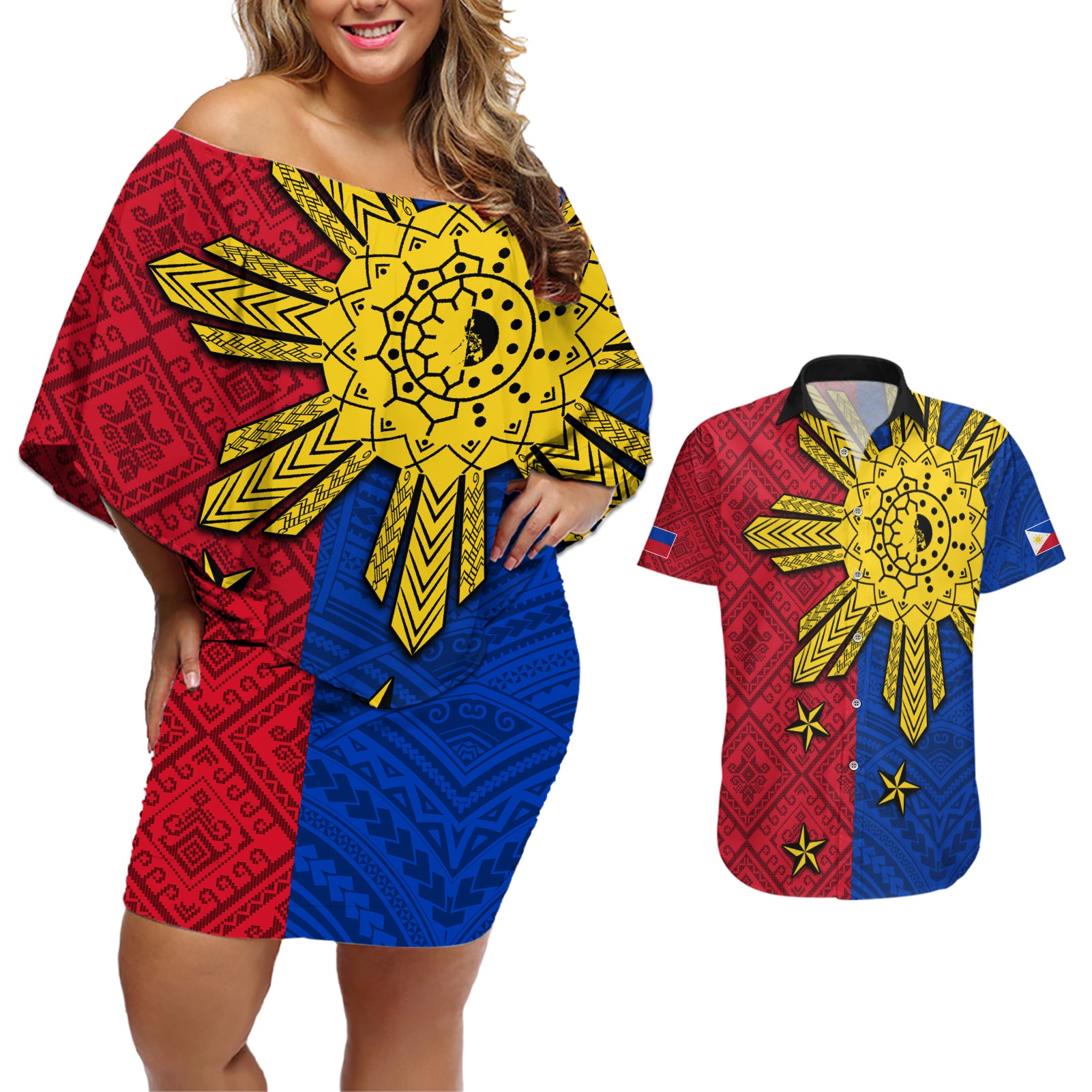 Philippines Sun Batok Tattoo Couples Matching Off Shoulder Short Dress and Hawaiian Shirt Polynesian and Yakan Pattern - Wonder Print Shop