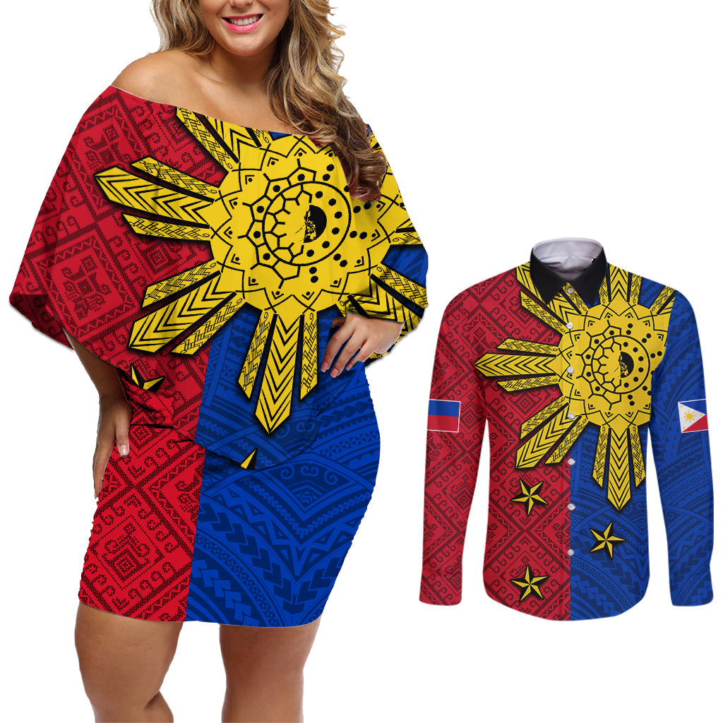 Philippines Sun Batok Tattoo Couples Matching Off Shoulder Short Dress and Long Sleeve Button Shirt Polynesian and Yakan Pattern - Wonder Print Shop