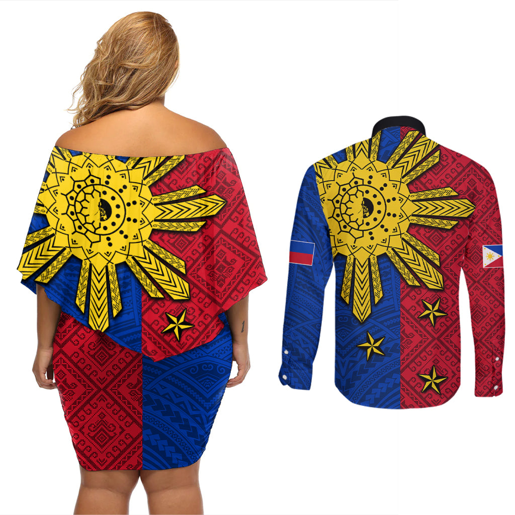 Philippines Sun Batok Tattoo Couples Matching Off Shoulder Short Dress and Long Sleeve Button Shirt Polynesian and Yakan Pattern - Wonder Print Shop
