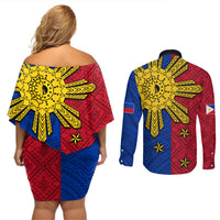 Philippines Sun Batok Tattoo Couples Matching Off Shoulder Short Dress and Long Sleeve Button Shirt Polynesian and Yakan Pattern - Wonder Print Shop