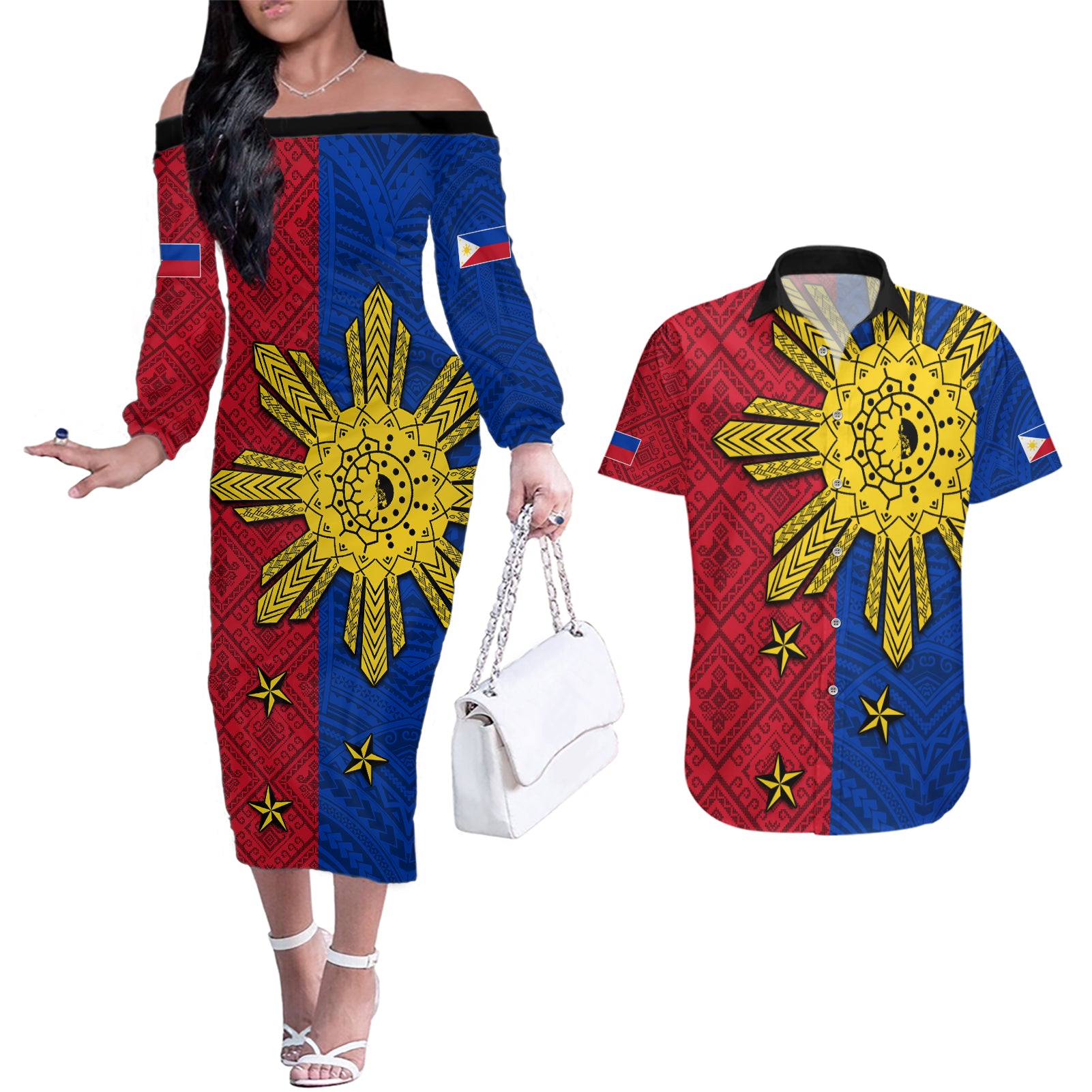 Philippines Sun Batok Tattoo Couples Matching Off The Shoulder Long Sleeve Dress and Hawaiian Shirt Polynesian and Yakan Pattern - Wonder Print Shop