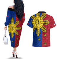 Philippines Sun Batok Tattoo Couples Matching Off The Shoulder Long Sleeve Dress and Hawaiian Shirt Polynesian and Yakan Pattern - Wonder Print Shop