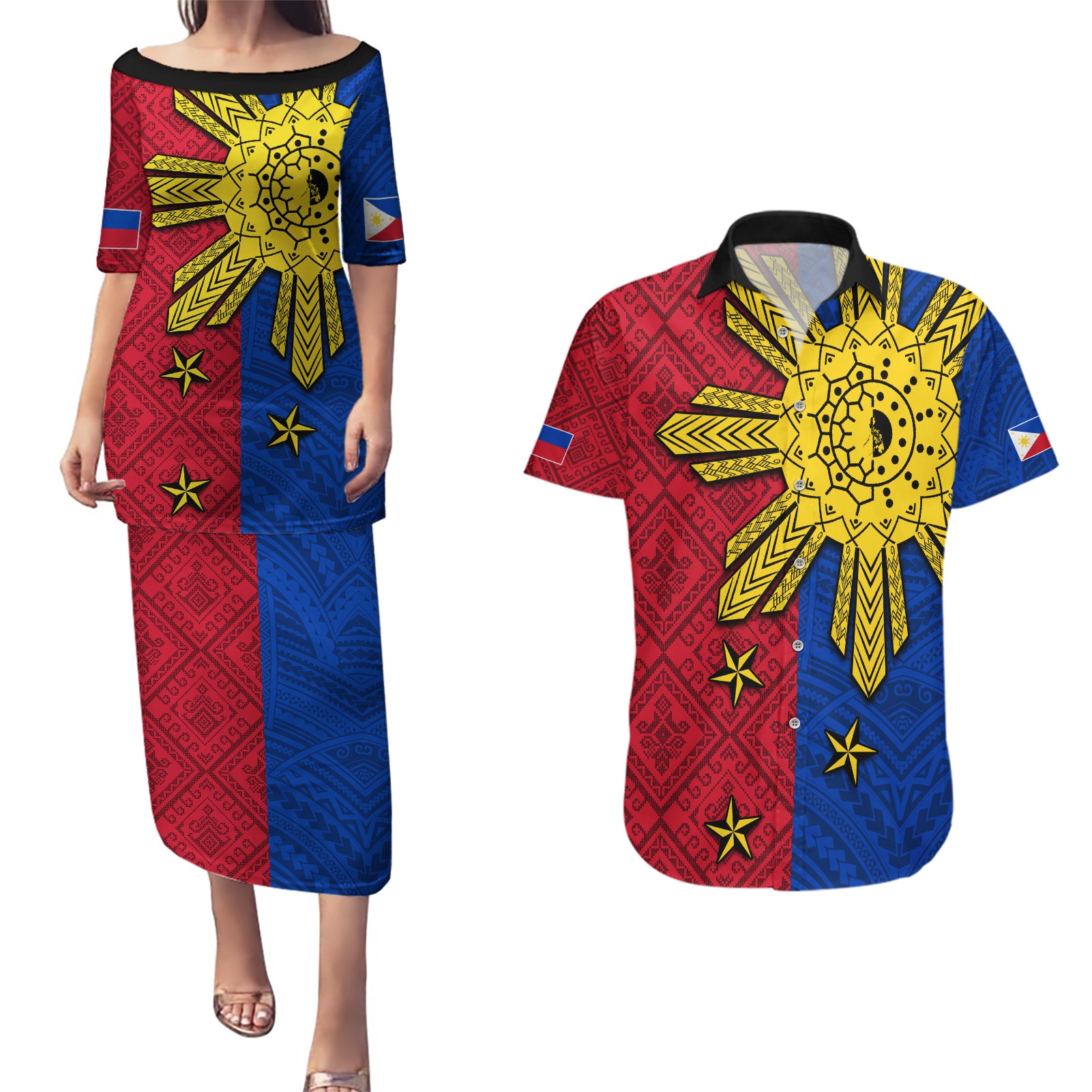 Philippines Sun Batok Tattoo Couples Matching Puletasi and Hawaiian Shirt Polynesian and Yakan Pattern - Wonder Print Shop
