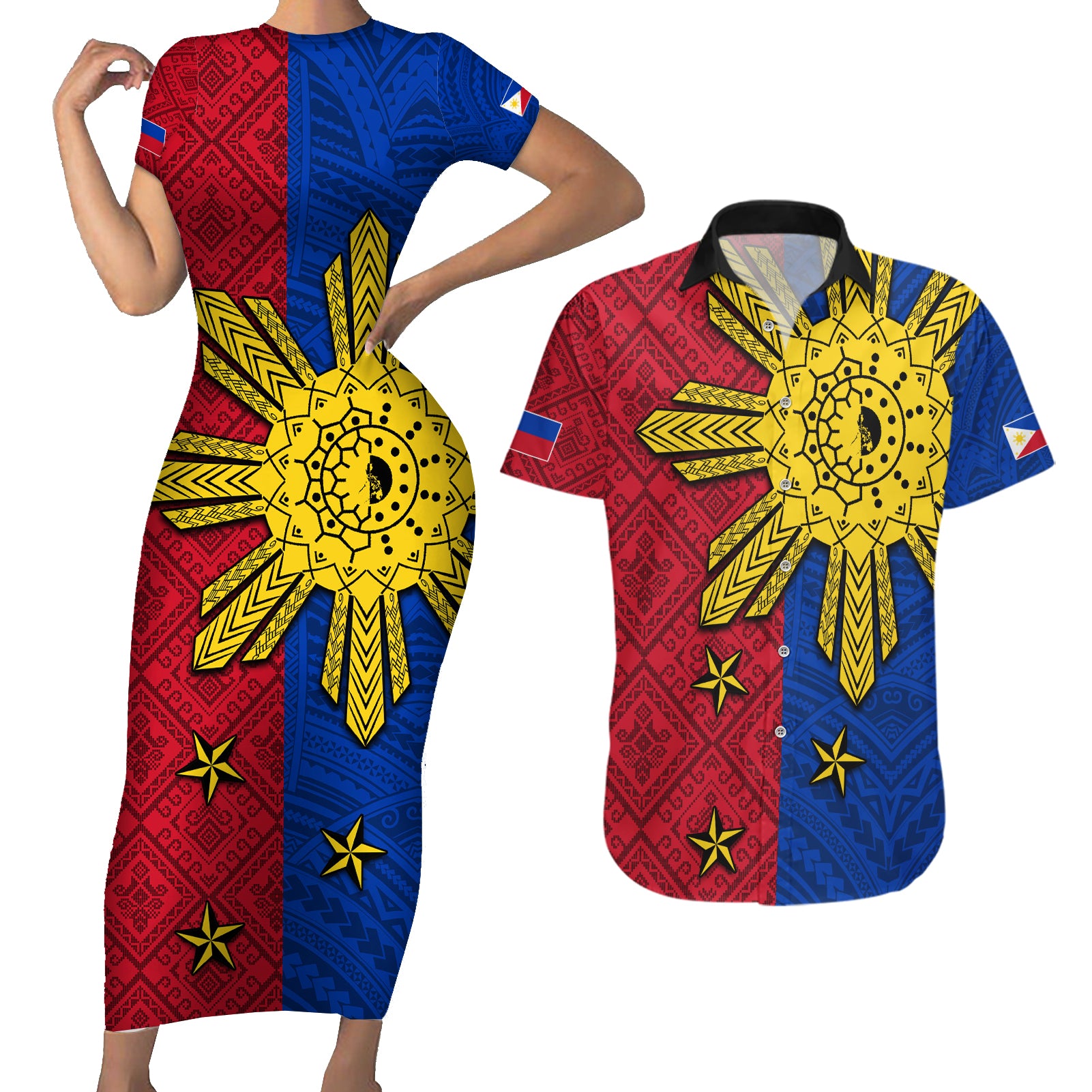 Philippines Sun Batok Tattoo Couples Matching Short Sleeve Bodycon Dress and Hawaiian Shirt Polynesian and Yakan Pattern - Wonder Print Shop