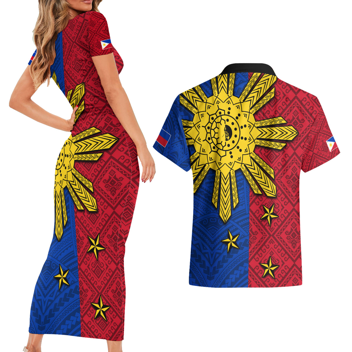Philippines Sun Batok Tattoo Couples Matching Short Sleeve Bodycon Dress and Hawaiian Shirt Polynesian and Yakan Pattern - Wonder Print Shop