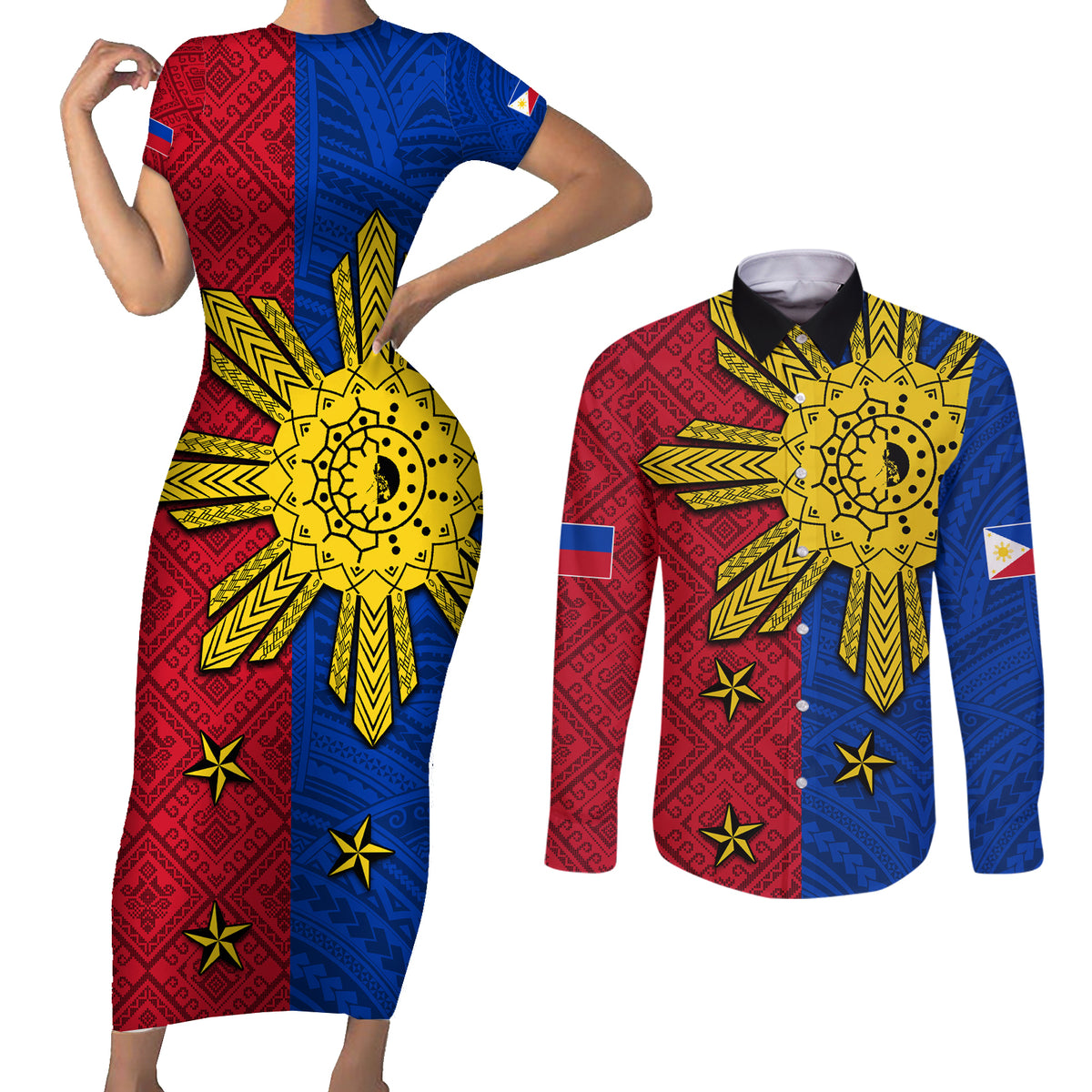 Philippines Sun Batok Tattoo Couples Matching Short Sleeve Bodycon Dress and Long Sleeve Button Shirt Polynesian and Yakan Pattern - Wonder Print Shop