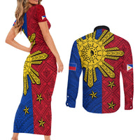 Philippines Sun Batok Tattoo Couples Matching Short Sleeve Bodycon Dress and Long Sleeve Button Shirt Polynesian and Yakan Pattern - Wonder Print Shop