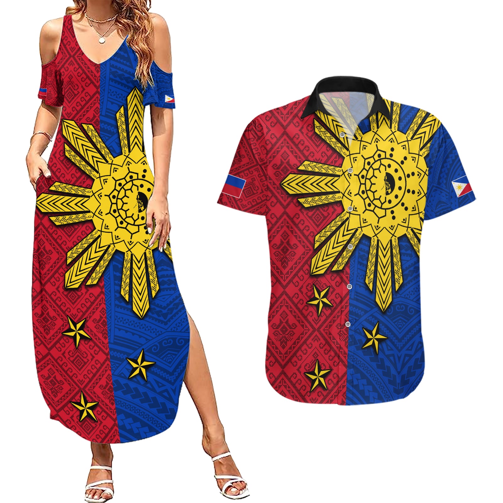 Philippines Sun Batok Tattoo Couples Matching Summer Maxi Dress and Hawaiian Shirt Polynesian and Yakan Pattern - Wonder Print Shop