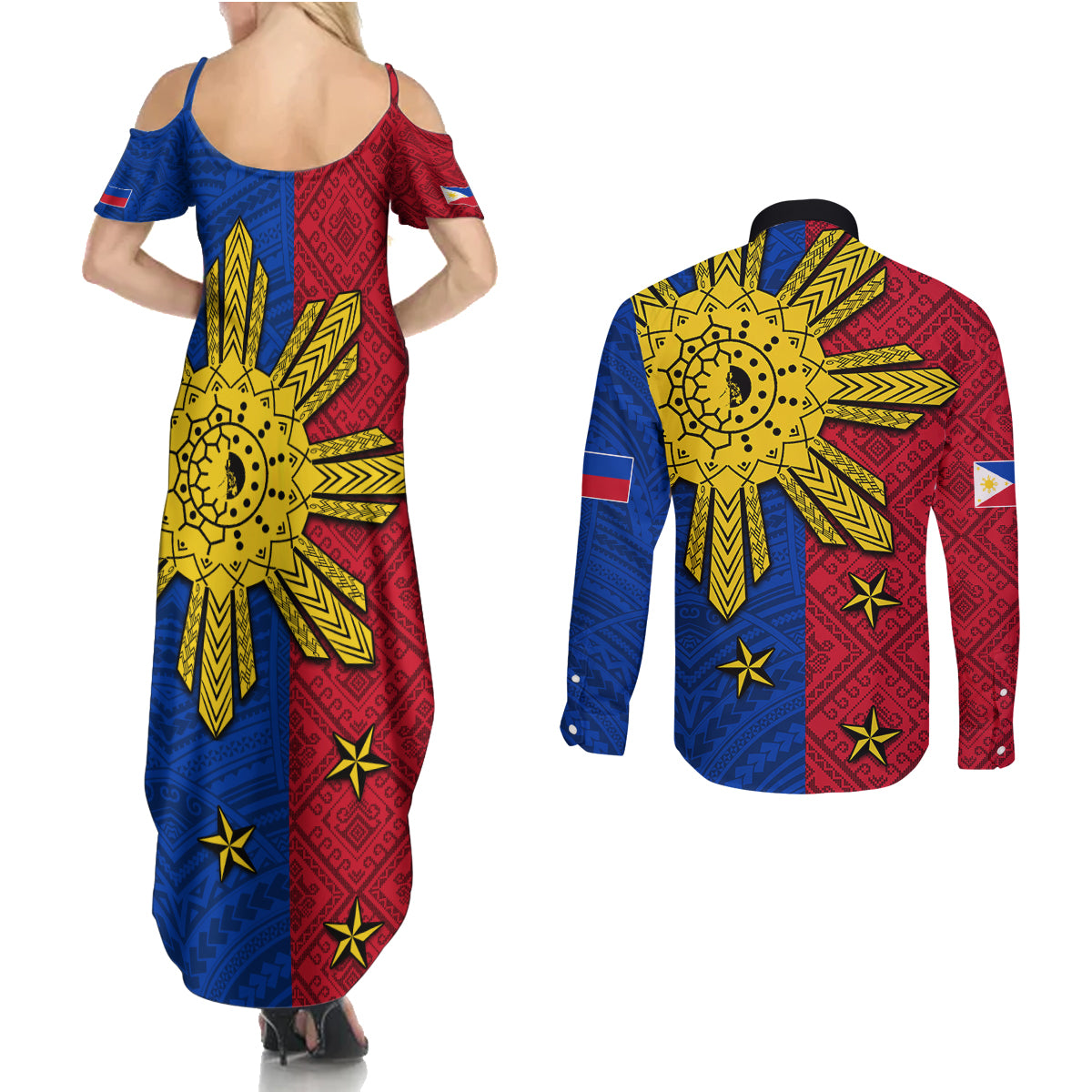 Philippines Sun Batok Tattoo Couples Matching Summer Maxi Dress and Long Sleeve Button Shirt Polynesian and Yakan Pattern - Wonder Print Shop