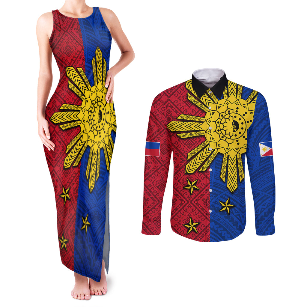 Philippines Sun Batok Tattoo Couples Matching Tank Maxi Dress and Long Sleeve Button Shirt Polynesian and Yakan Pattern - Wonder Print Shop