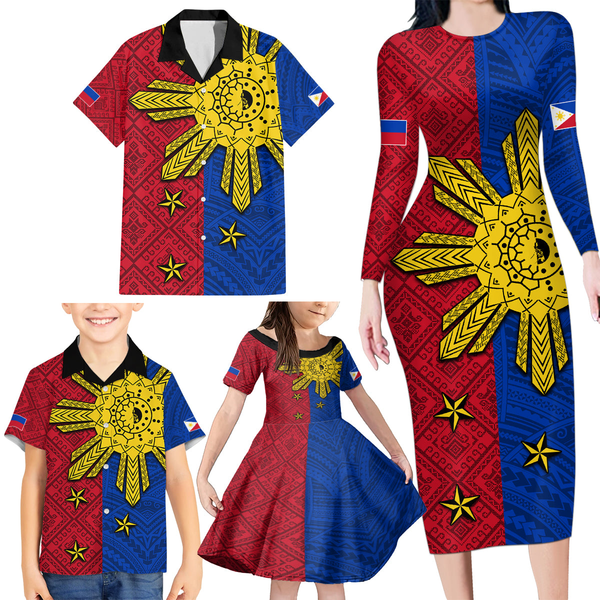 Philippines Sun Batok Tattoo Family Matching Long Sleeve Bodycon Dress and Hawaiian Shirt Polynesian and Yakan Pattern - Wonder Print Shop