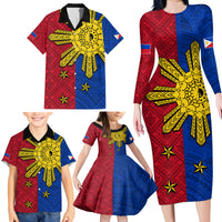 Philippines Sun Batok Tattoo Family Matching Long Sleeve Bodycon Dress and Hawaiian Shirt Polynesian and Yakan Pattern - Wonder Print Shop