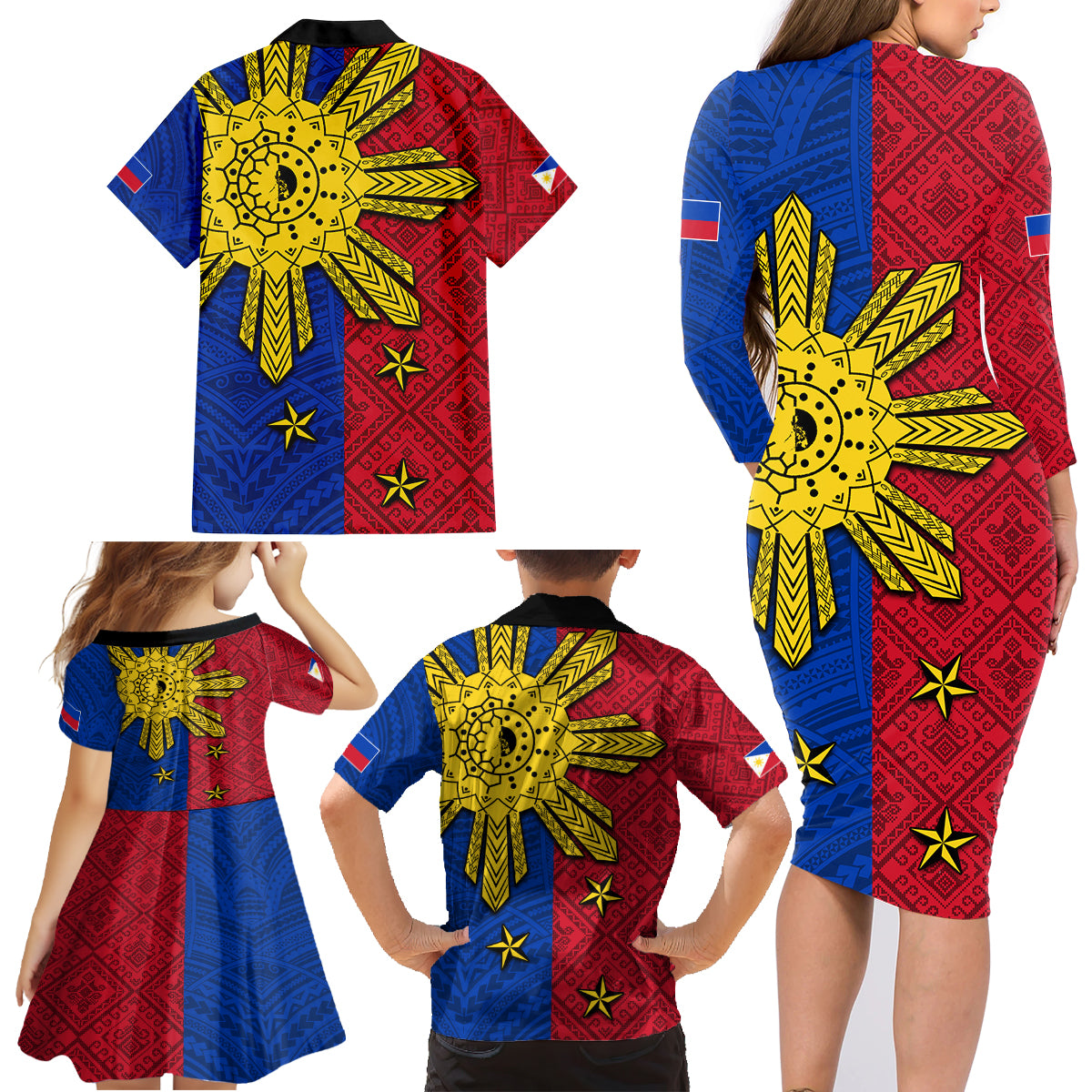Philippines Sun Batok Tattoo Family Matching Long Sleeve Bodycon Dress and Hawaiian Shirt Polynesian and Yakan Pattern - Wonder Print Shop