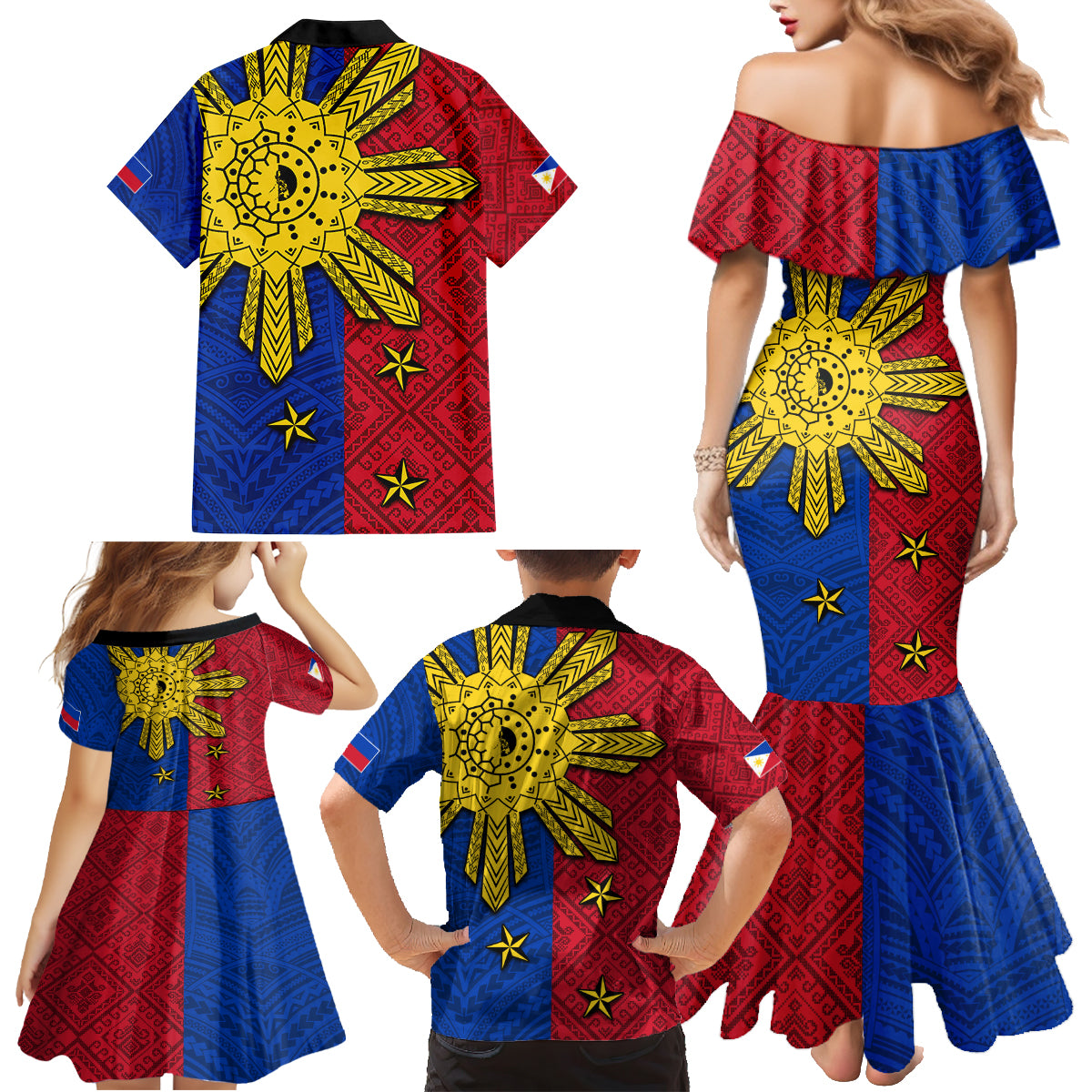 Philippines Sun Batok Tattoo Family Matching Mermaid Dress and Hawaiian Shirt Polynesian and Yakan Pattern - Wonder Print Shop