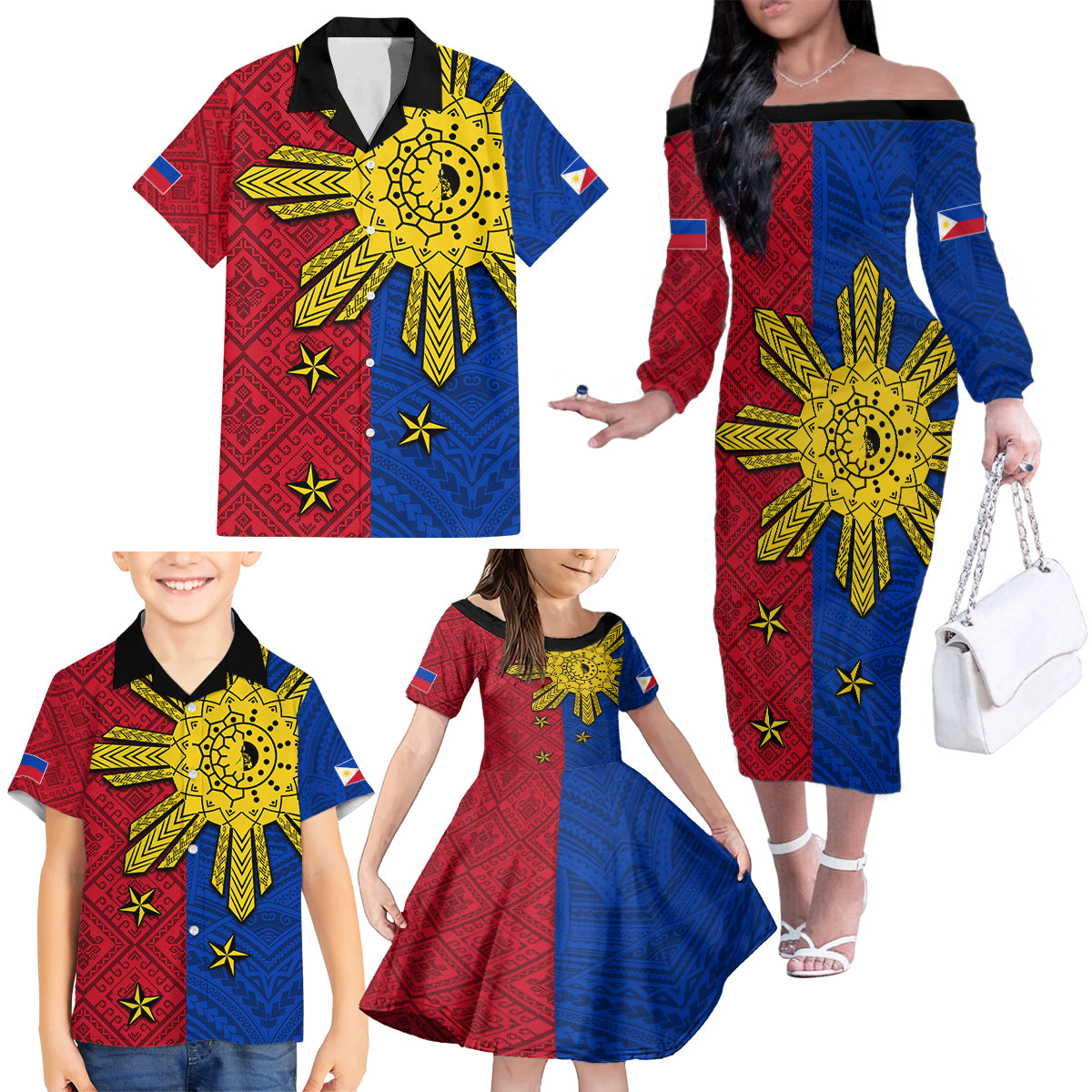Philippines Sun Batok Tattoo Family Matching Off The Shoulder Long Sleeve Dress and Hawaiian Shirt Polynesian and Yakan Pattern - Wonder Print Shop