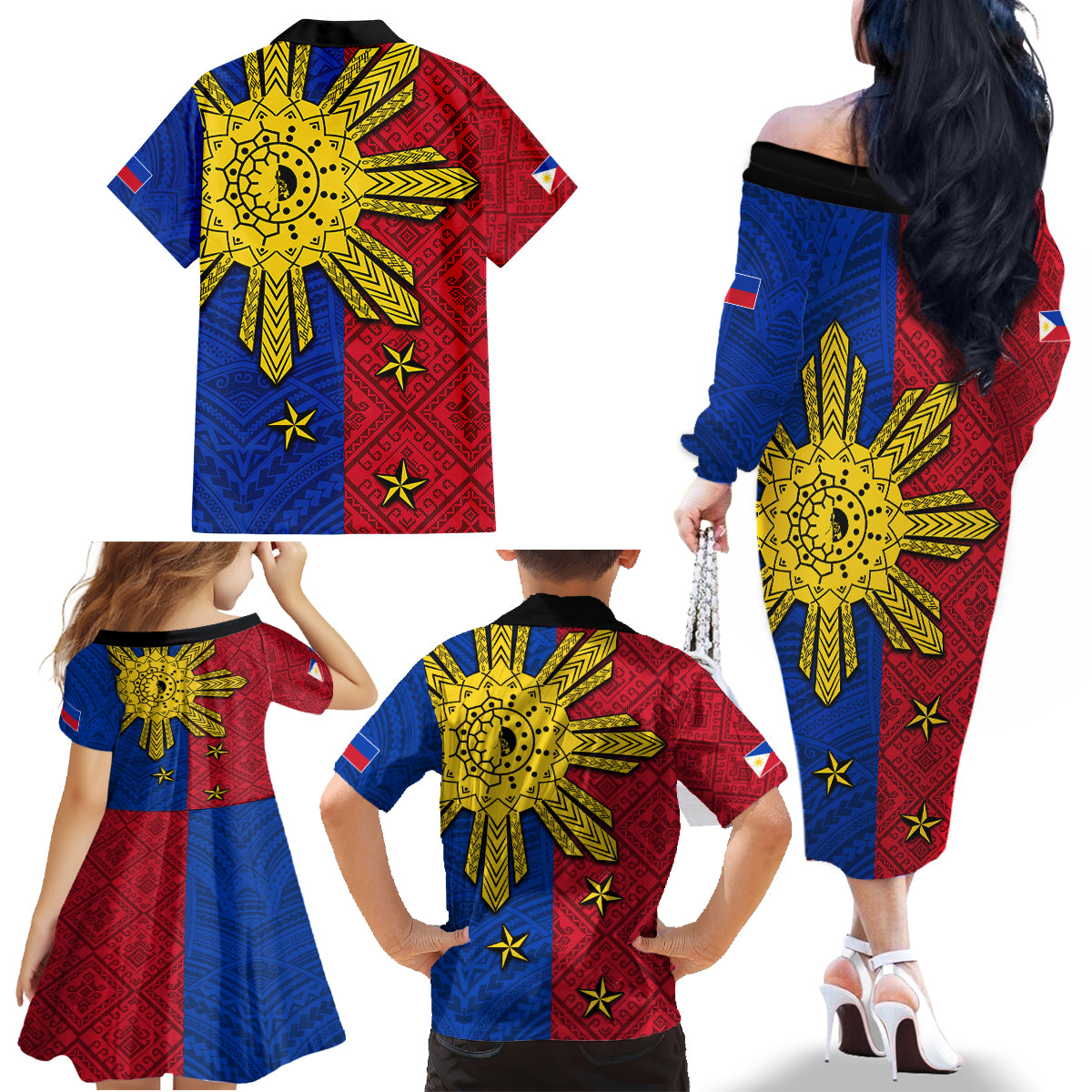 Philippines Sun Batok Tattoo Family Matching Off The Shoulder Long Sleeve Dress and Hawaiian Shirt Polynesian and Yakan Pattern - Wonder Print Shop