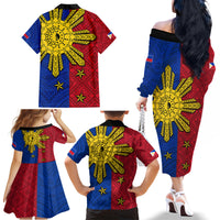 Philippines Sun Batok Tattoo Family Matching Off The Shoulder Long Sleeve Dress and Hawaiian Shirt Polynesian and Yakan Pattern - Wonder Print Shop