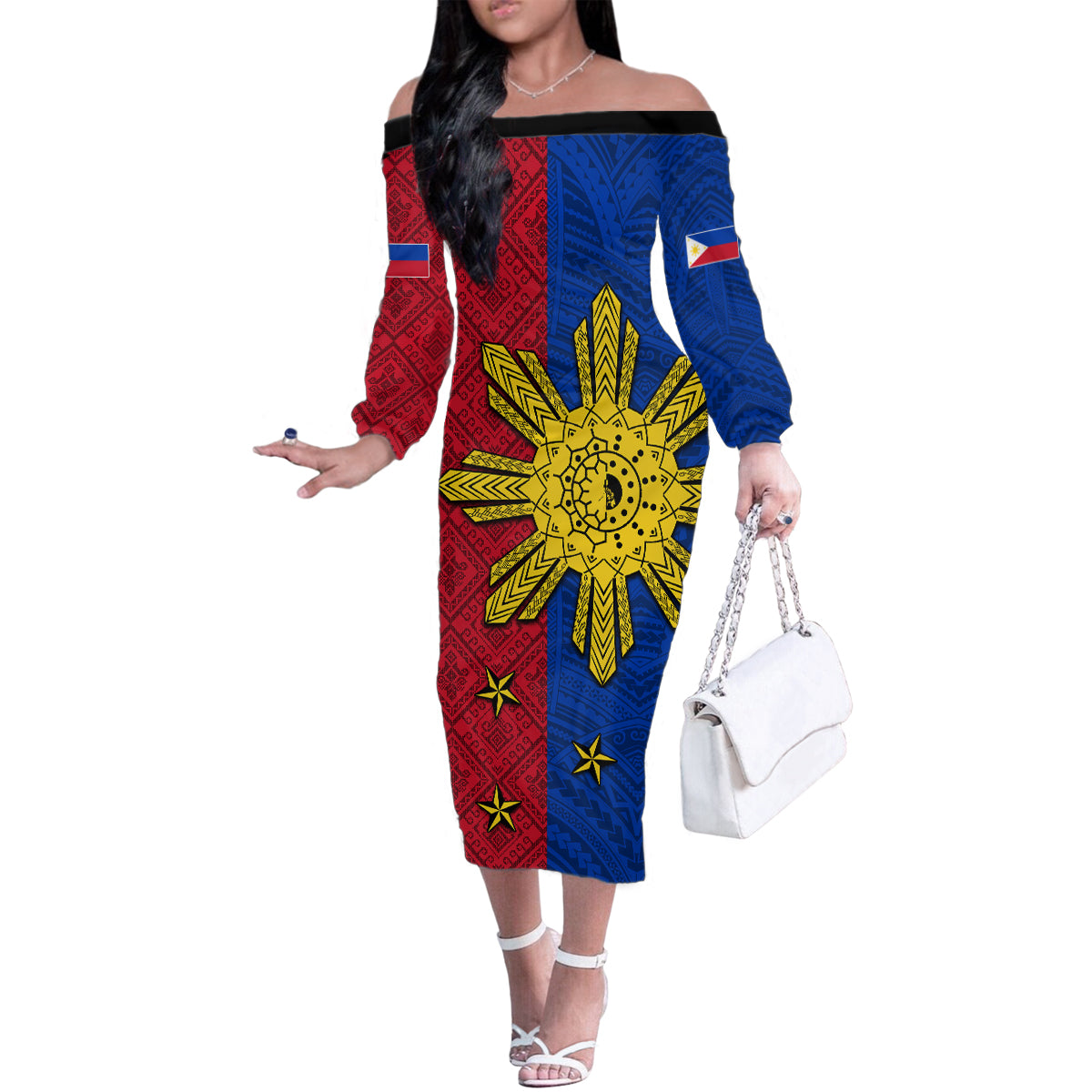 Philippines Sun Batok Tattoo Family Matching Off The Shoulder Long Sleeve Dress and Hawaiian Shirt Polynesian and Yakan Pattern - Wonder Print Shop