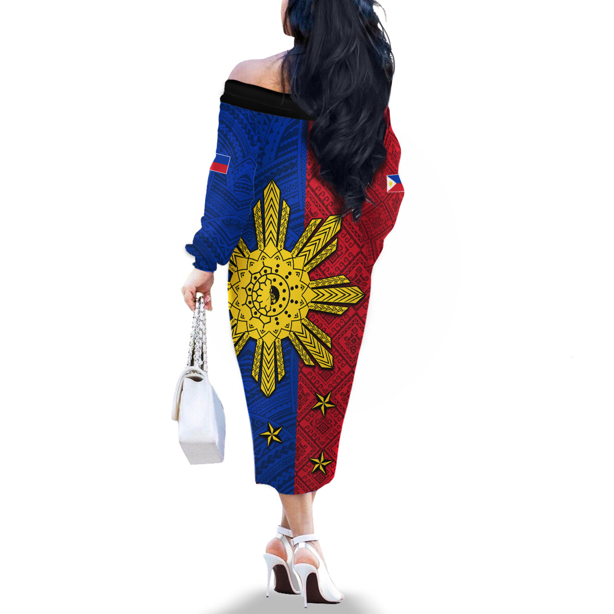 Philippines Sun Batok Tattoo Family Matching Off The Shoulder Long Sleeve Dress and Hawaiian Shirt Polynesian and Yakan Pattern - Wonder Print Shop