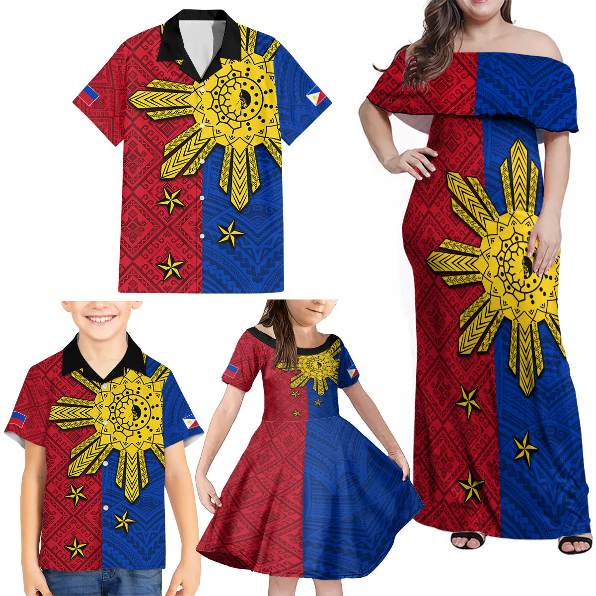 Philippines Sun Batok Tattoo Family Matching Off Shoulder Maxi Dress and Hawaiian Shirt Polynesian and Yakan Pattern - Wonder Print Shop