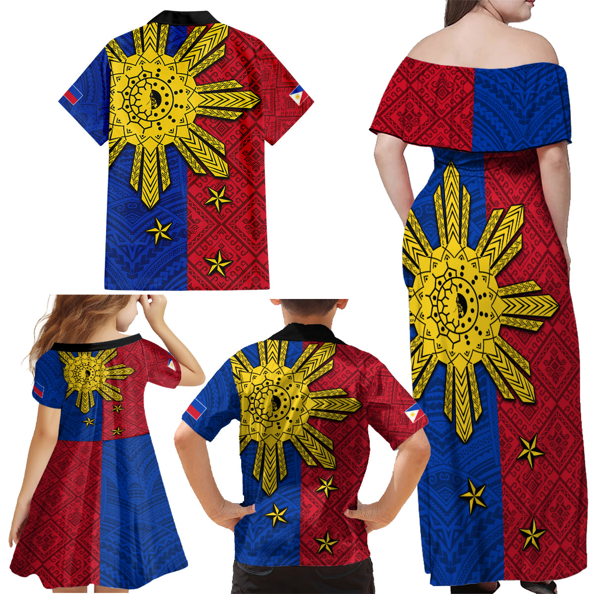 Philippines Sun Batok Tattoo Family Matching Off Shoulder Maxi Dress and Hawaiian Shirt Polynesian and Yakan Pattern - Wonder Print Shop