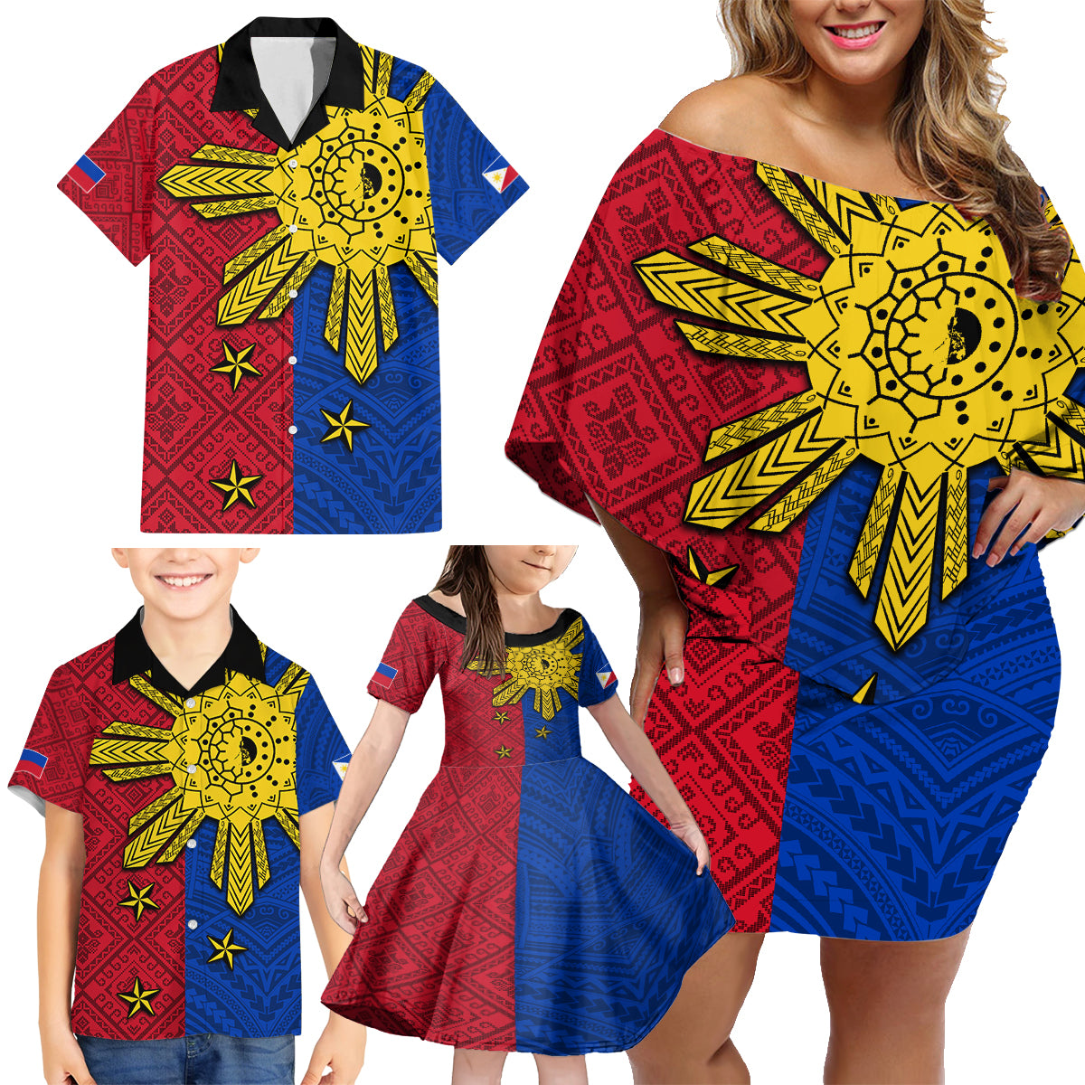 Philippines Sun Batok Tattoo Family Matching Off Shoulder Short Dress and Hawaiian Shirt Polynesian and Yakan Pattern - Wonder Print Shop