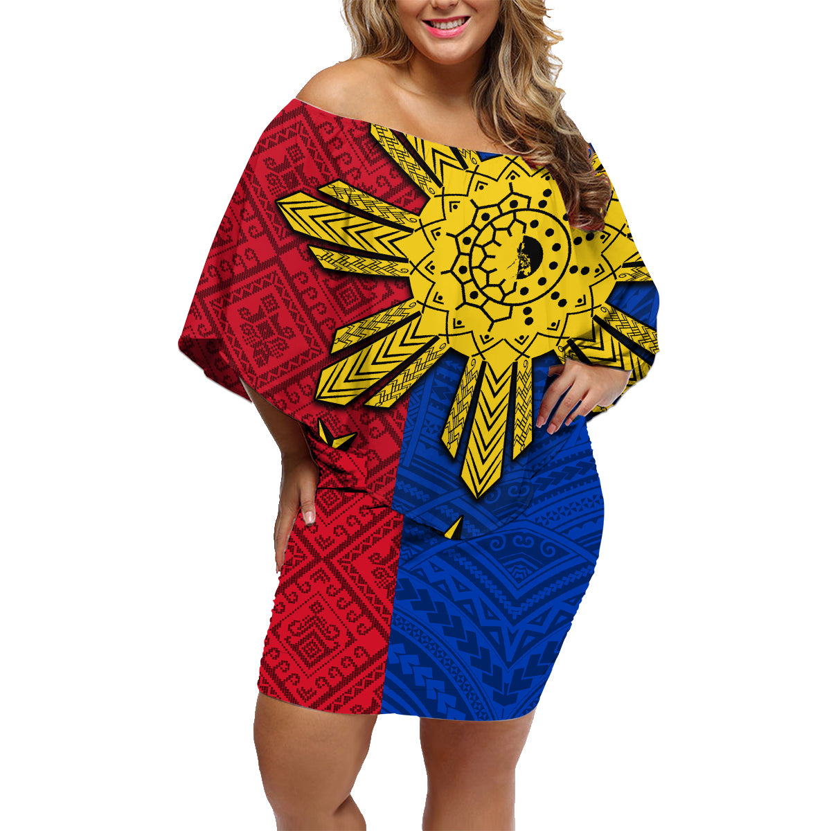 Philippines Sun Batok Tattoo Family Matching Off Shoulder Short Dress and Hawaiian Shirt Polynesian and Yakan Pattern - Wonder Print Shop