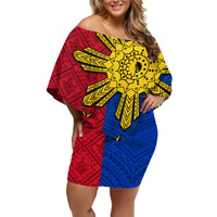 Philippines Sun Batok Tattoo Family Matching Off Shoulder Short Dress and Hawaiian Shirt Polynesian and Yakan Pattern - Wonder Print Shop