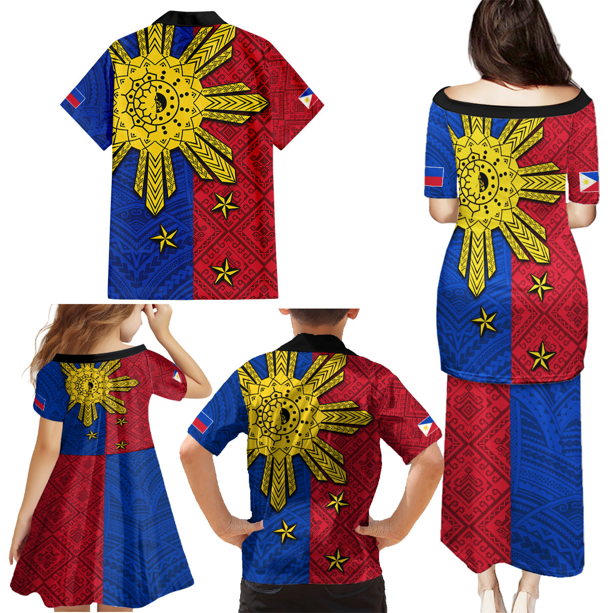 Philippines Sun Batok Tattoo Family Matching Puletasi and Hawaiian Shirt Polynesian and Yakan Pattern - Wonder Print Shop
