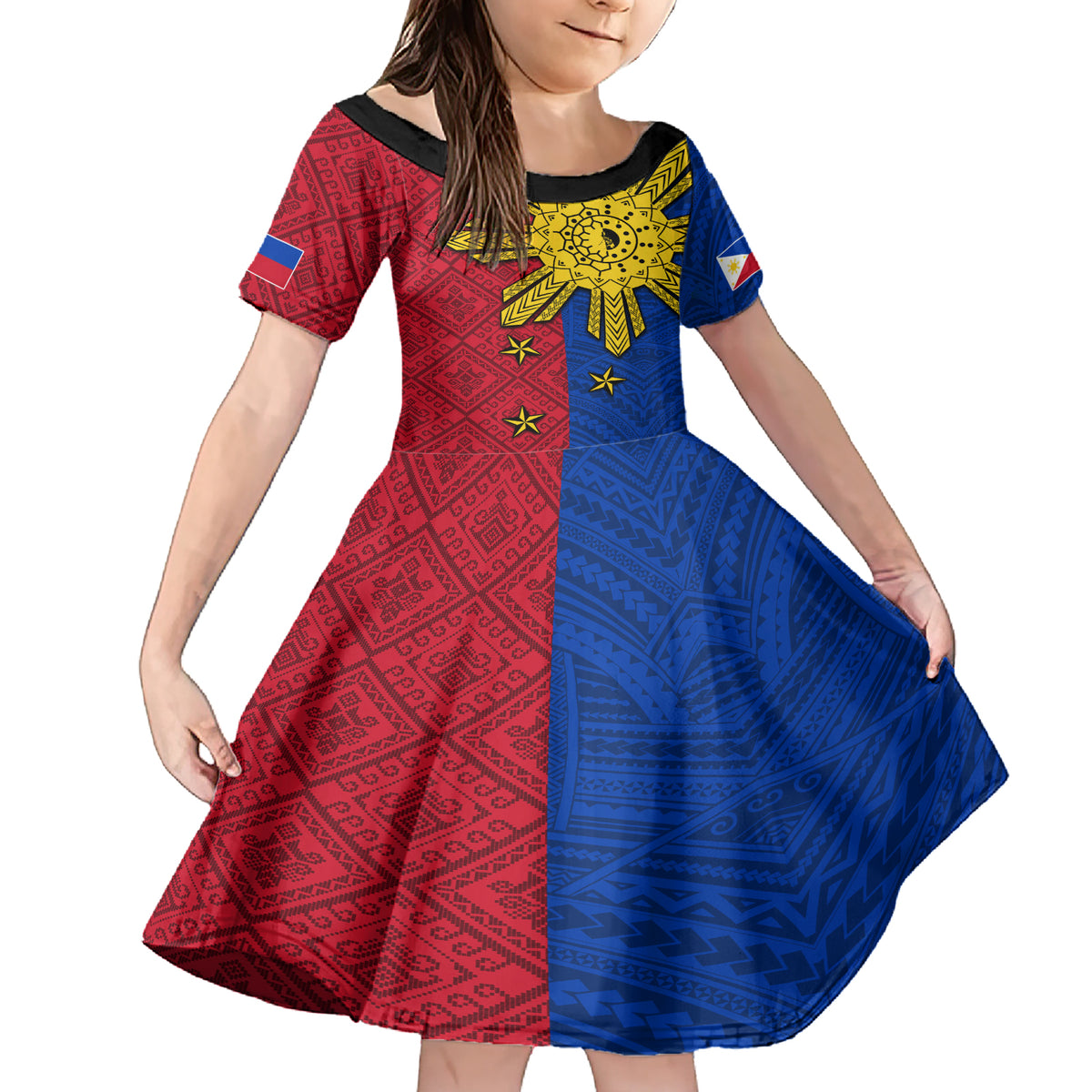 Philippines Sun Batok Tattoo Family Matching Short Sleeve Bodycon Dress and Hawaiian Shirt Polynesian and Yakan Pattern - Wonder Print Shop