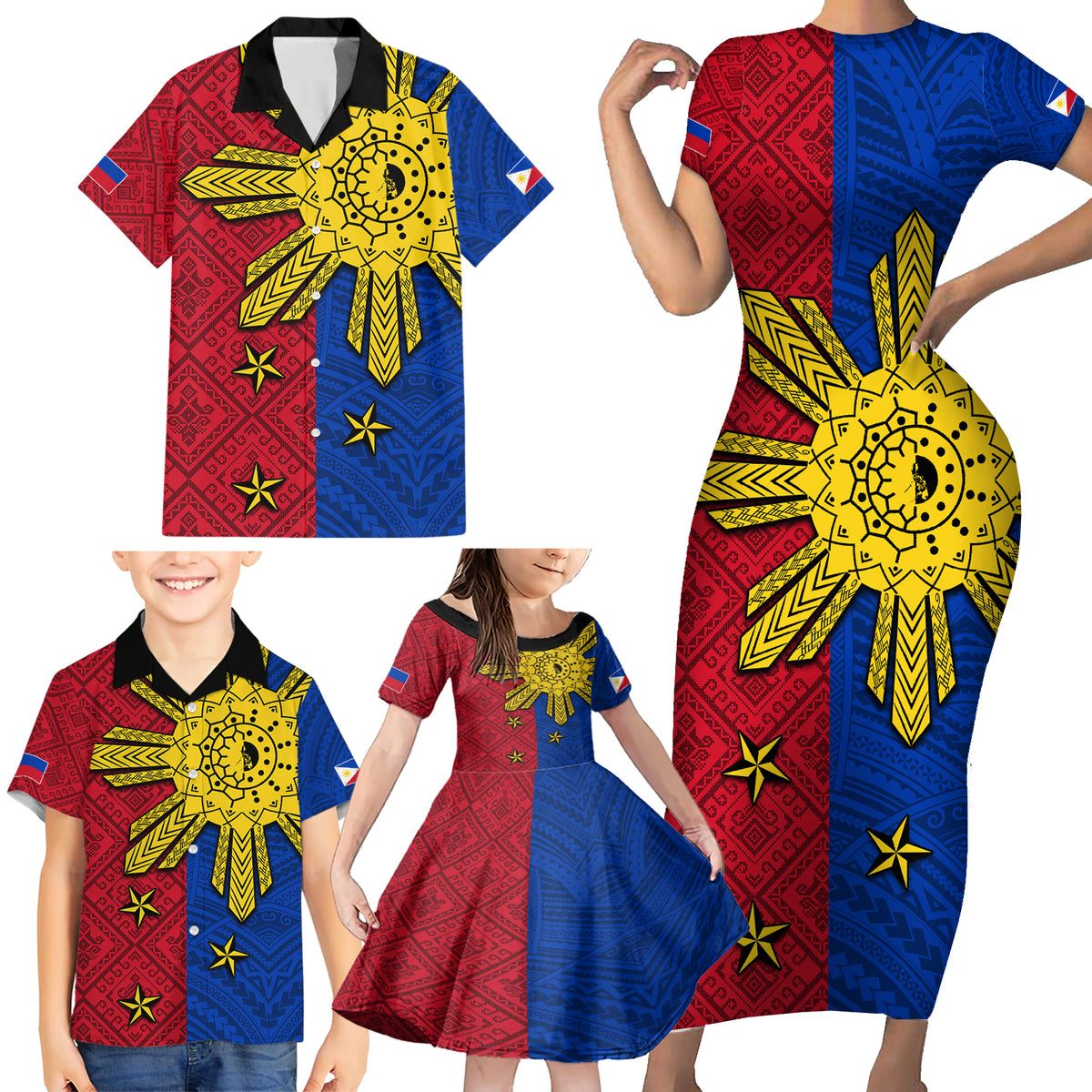 Philippines Sun Batok Tattoo Family Matching Short Sleeve Bodycon Dress and Hawaiian Shirt Polynesian and Yakan Pattern - Wonder Print Shop