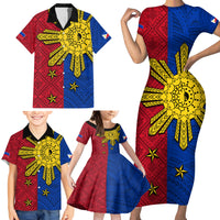 Philippines Sun Batok Tattoo Family Matching Short Sleeve Bodycon Dress and Hawaiian Shirt Polynesian and Yakan Pattern - Wonder Print Shop