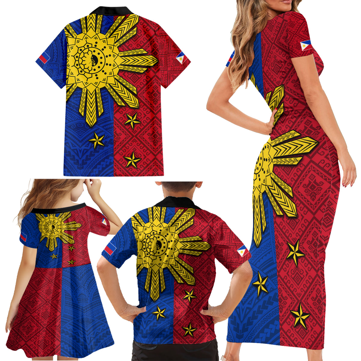 Philippines Sun Batok Tattoo Family Matching Short Sleeve Bodycon Dress and Hawaiian Shirt Polynesian and Yakan Pattern - Wonder Print Shop
