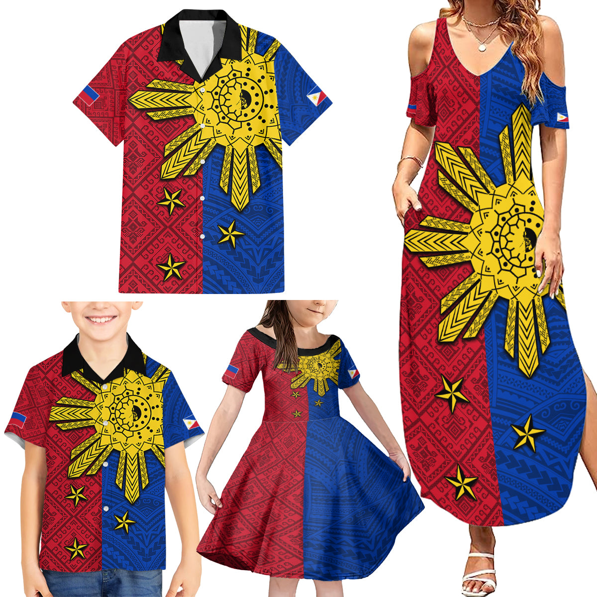Philippines Sun Batok Tattoo Family Matching Summer Maxi Dress and Hawaiian Shirt Polynesian and Yakan Pattern - Wonder Print Shop
