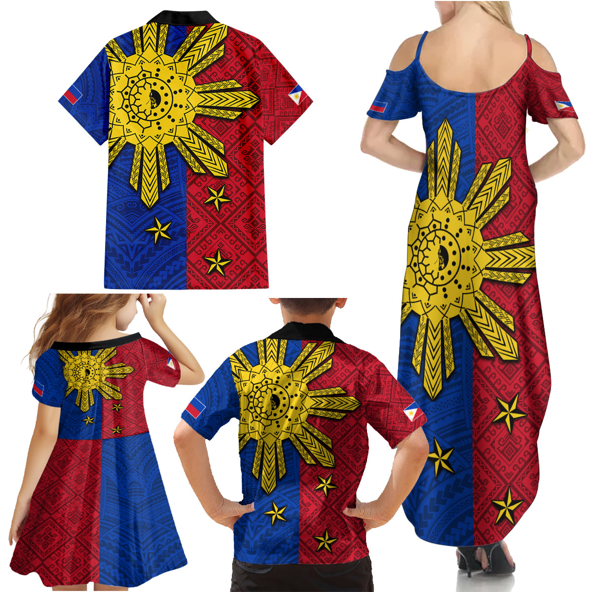 Philippines Sun Batok Tattoo Family Matching Summer Maxi Dress and Hawaiian Shirt Polynesian and Yakan Pattern - Wonder Print Shop