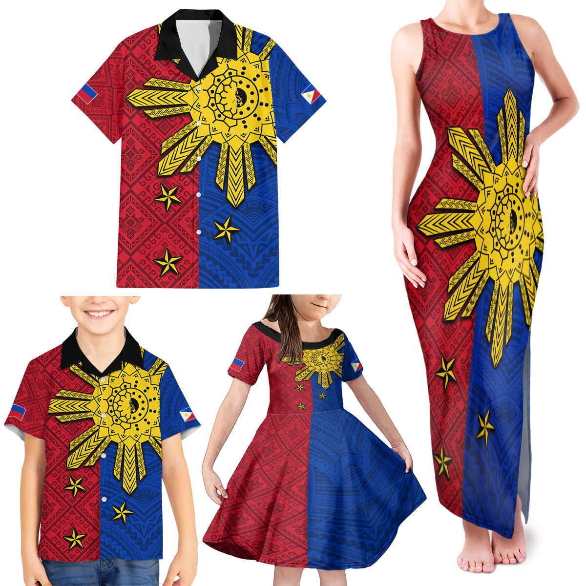 Philippines Sun Batok Tattoo Family Matching Tank Maxi Dress and Hawaiian Shirt Polynesian and Yakan Pattern - Wonder Print Shop