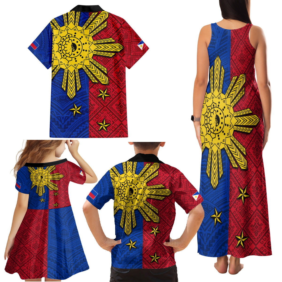 Philippines Sun Batok Tattoo Family Matching Tank Maxi Dress and Hawaiian Shirt Polynesian and Yakan Pattern - Wonder Print Shop
