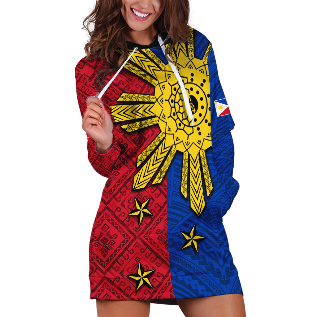 Philippines Sun Batok Tattoo Hoodie Dress Polynesian and Yakan Pattern - Wonder Print Shop